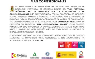 El Ayuntamiento de Fuente-Tójar recibe una subvención de la Diputación de Córdoba dentro del Plan Provincial «Córdoba Red de Municipios por la conciliación y la corresponsabilidad 2.0»