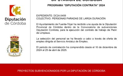 El Ayuntamiento recibe una subvención del Programa Diputación Contrata 2024, para la contratación de un/a Peón de Limpieza